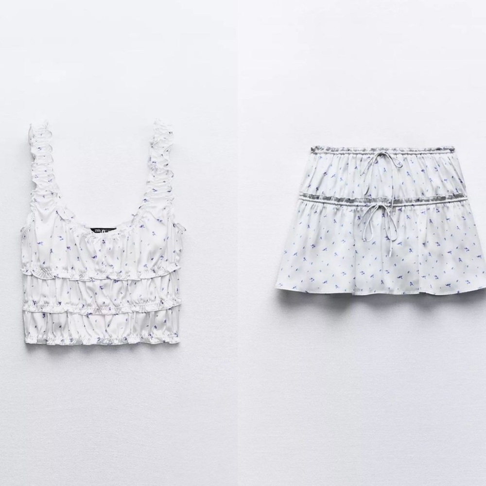 Zara White and Blue Floral Tank Top & skirt set